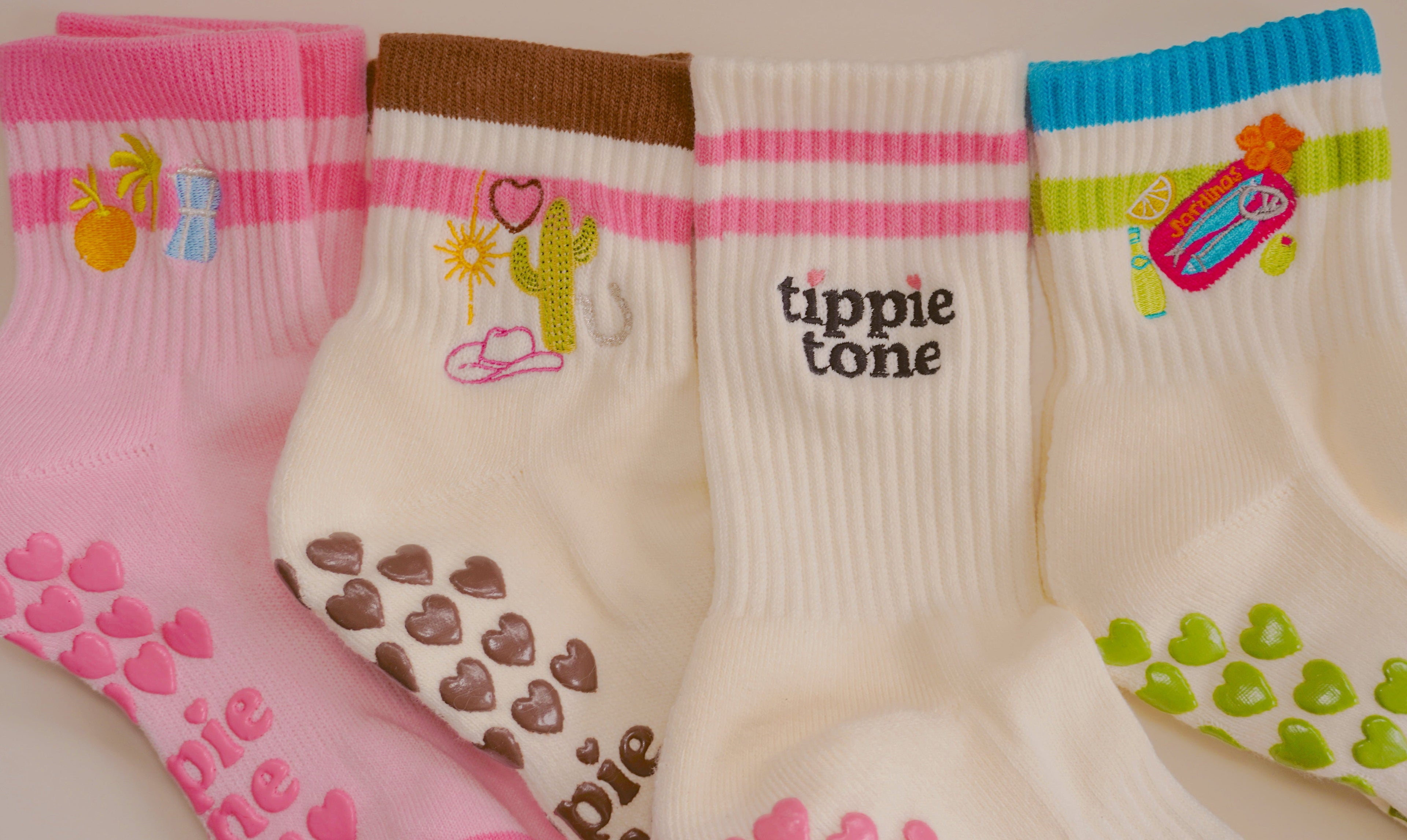 Pilates socks with colorful designs and 